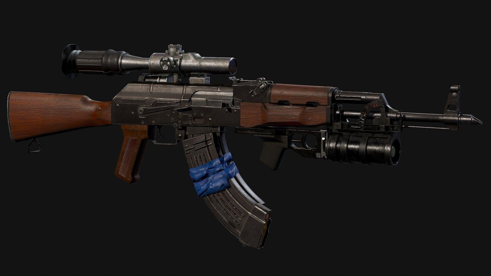 AK-47 with PSO-1 and GP-34 Low-poly 3D model_13