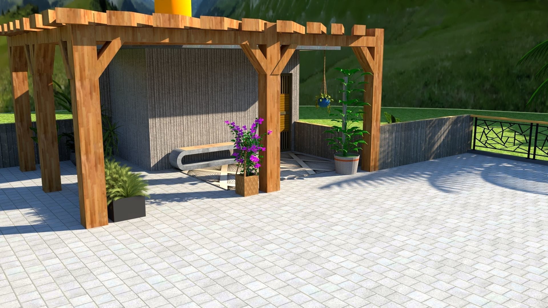 Villa house with palm trees and mountains 3D model_6