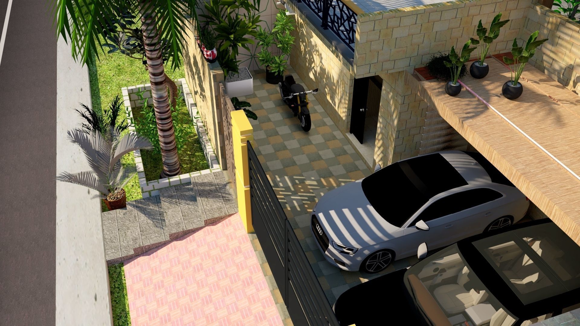 Villa house with palm trees and mountains 3D model_5