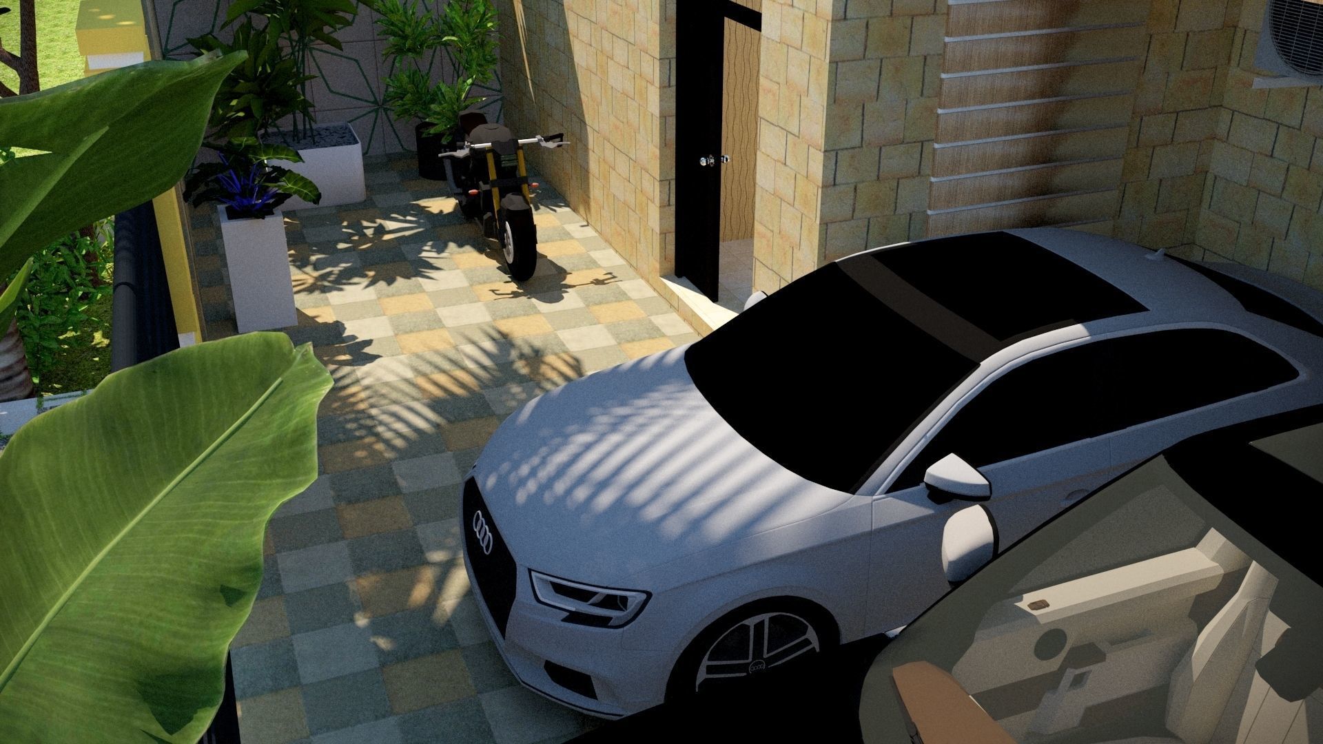 Villa house with palm trees and mountains 3D model_2