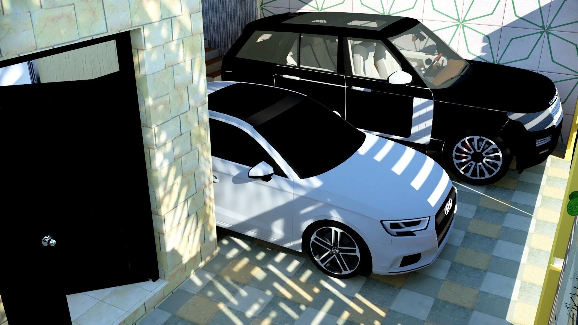 Villa house with palm trees and mountains 3D model_7