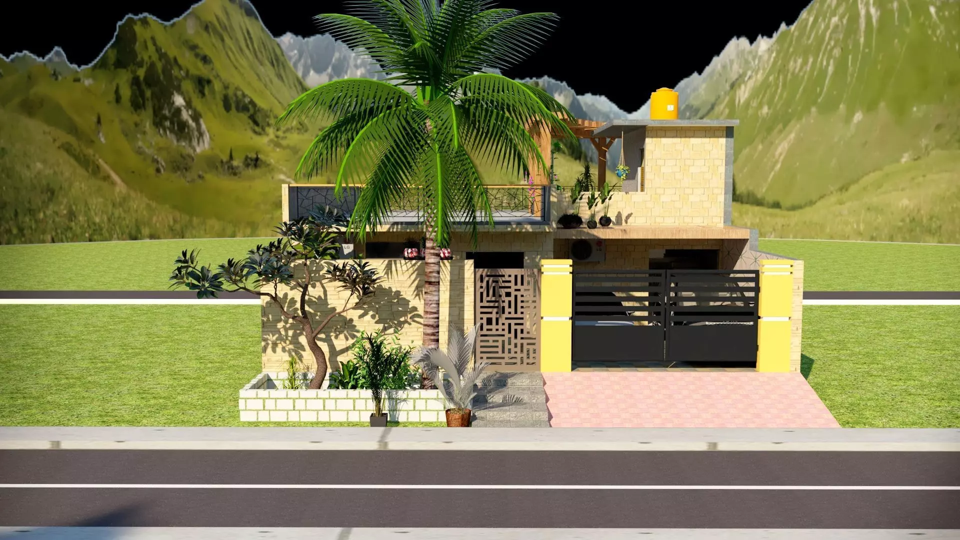 Villa house with palm trees and mountains 3D model_0