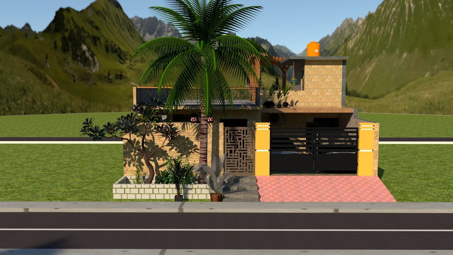 Villa house with palm trees and mountains 3D model_4