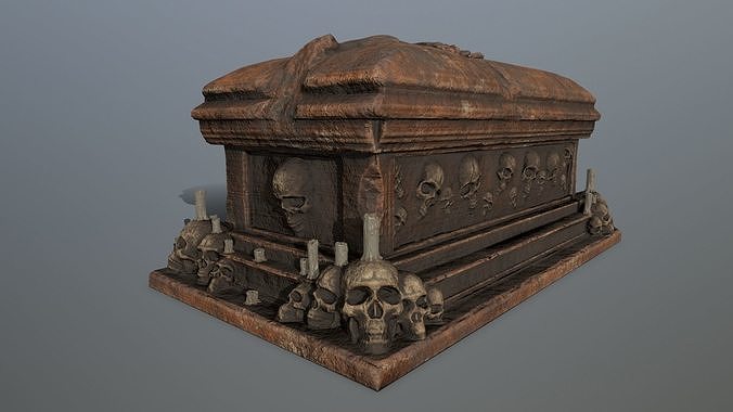 tomb 1 wooden casket with skulls on top Low-poly 3D model