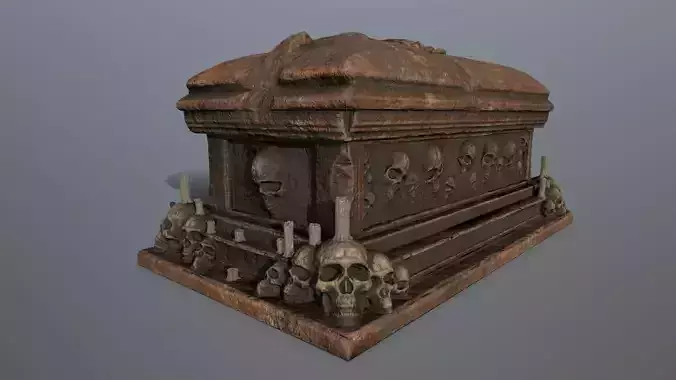 tomb 1 wooden casket with skulls on top