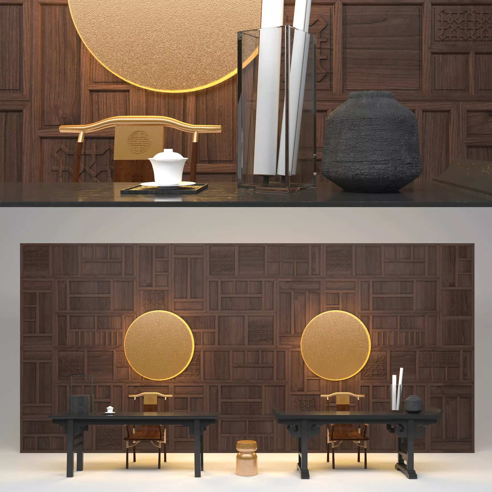 ALTAR SET room with wood paneling and round table 3D model_0