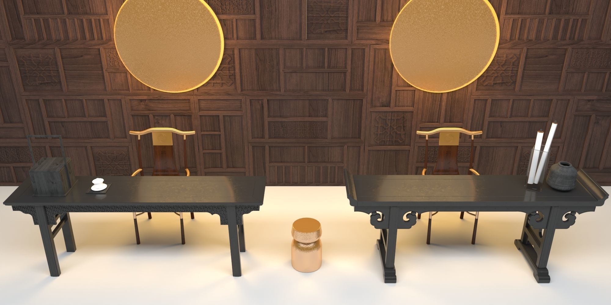 ALTAR SET room with wood paneling and round table 3D model_3