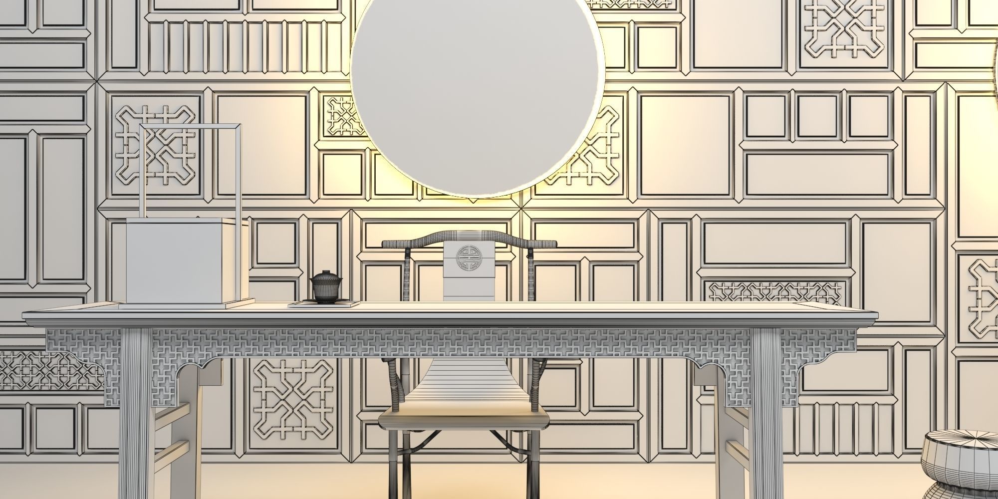ALTAR SET room with wood paneling and round table 3D model_7