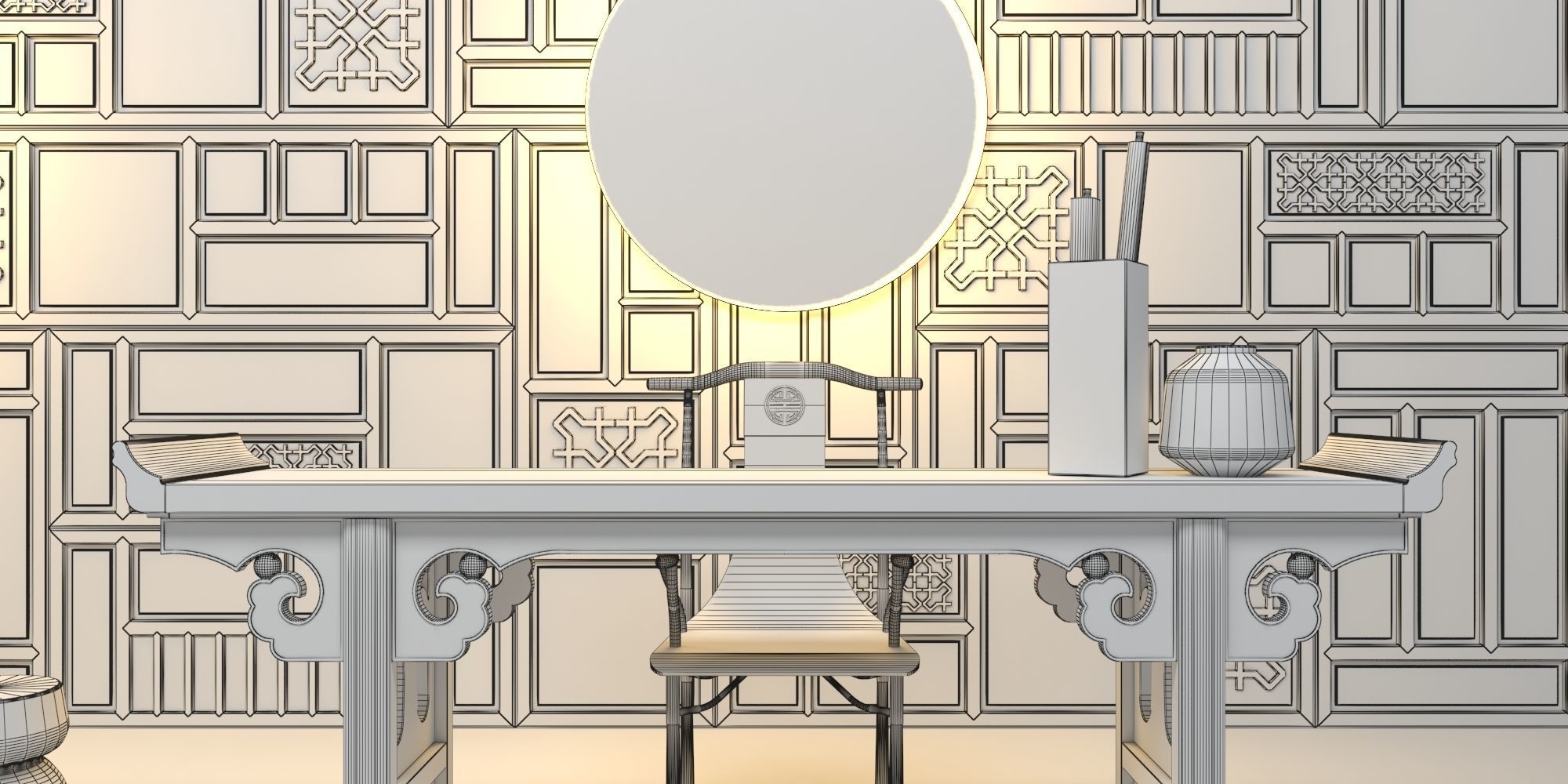 ALTAR SET room with wood paneling and round table 3D model_6