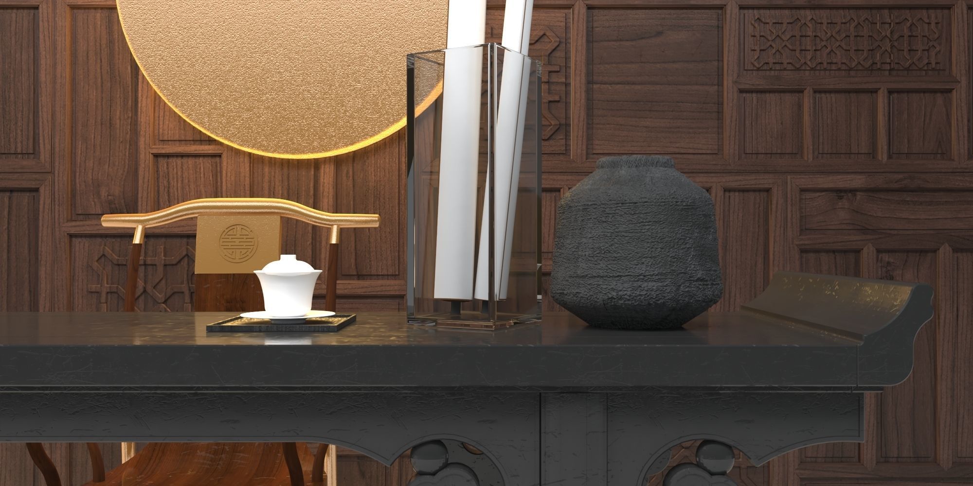 ALTAR SET room with wood paneling and round table 3D model_4