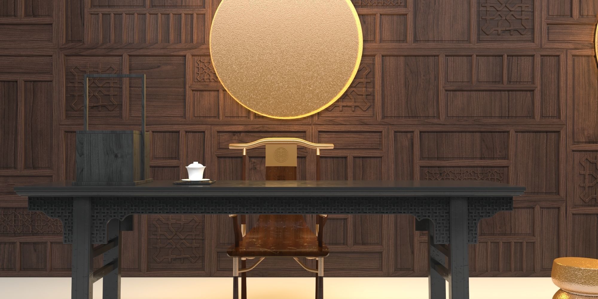 ALTAR SET room with wood paneling and round table 3D model_2