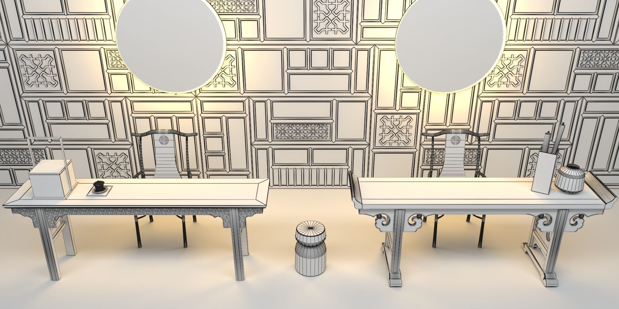 ALTAR SET room with wood paneling and round table 3D model_8