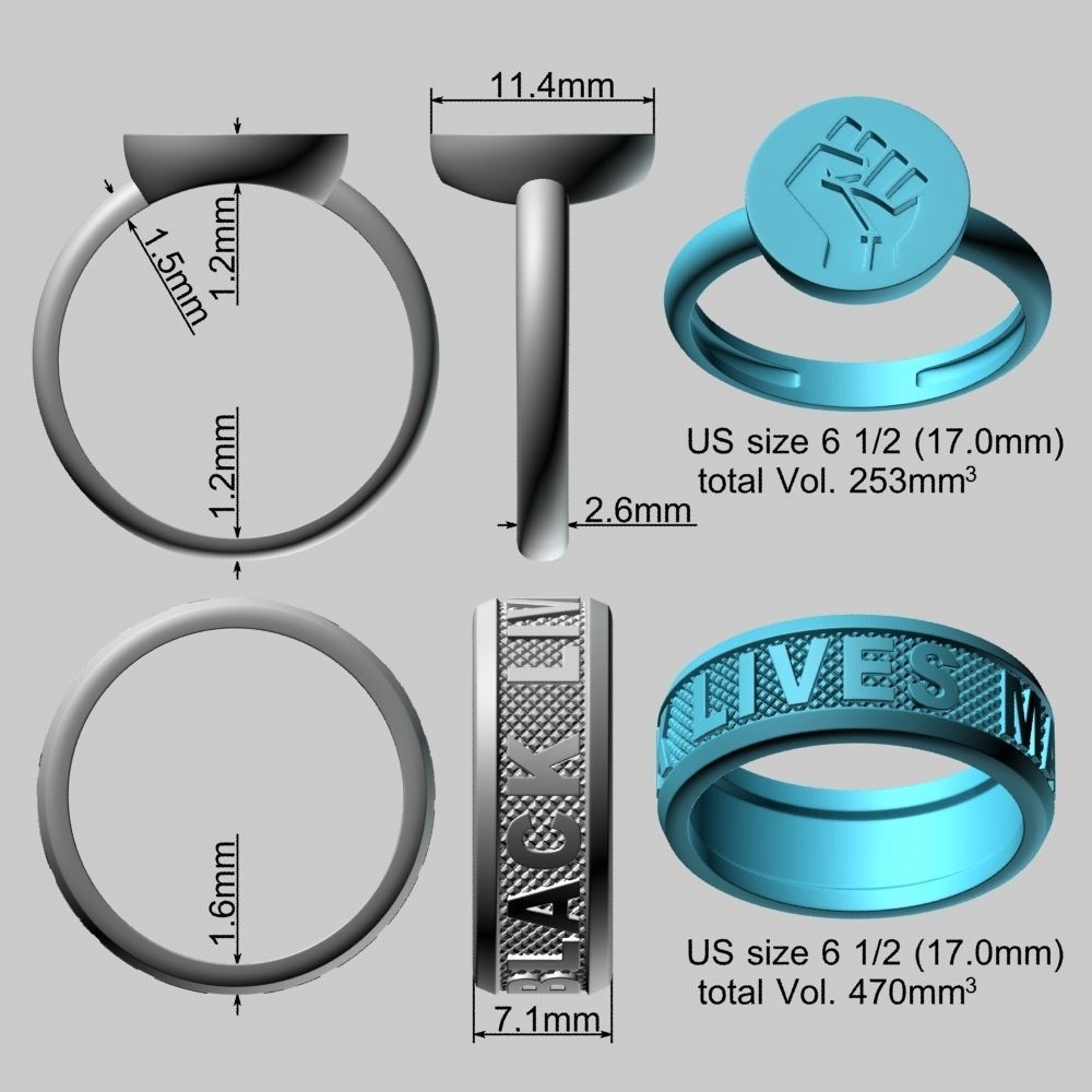 Black Lives Matter Two Rings with Rhodium Plating and Enamel 3D print model_24