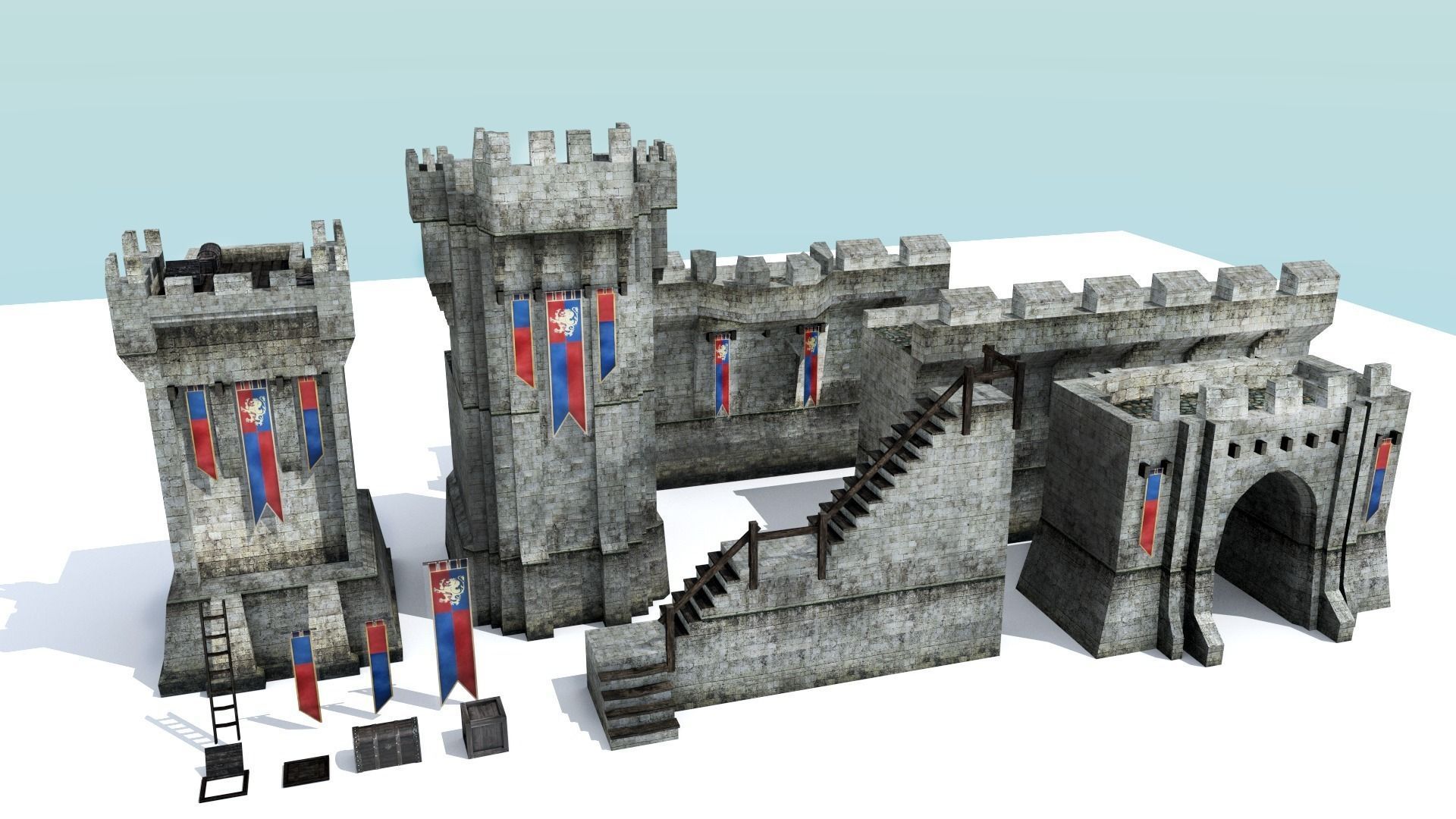 Medieval City Walls - Modular Low-poly 3D model_0