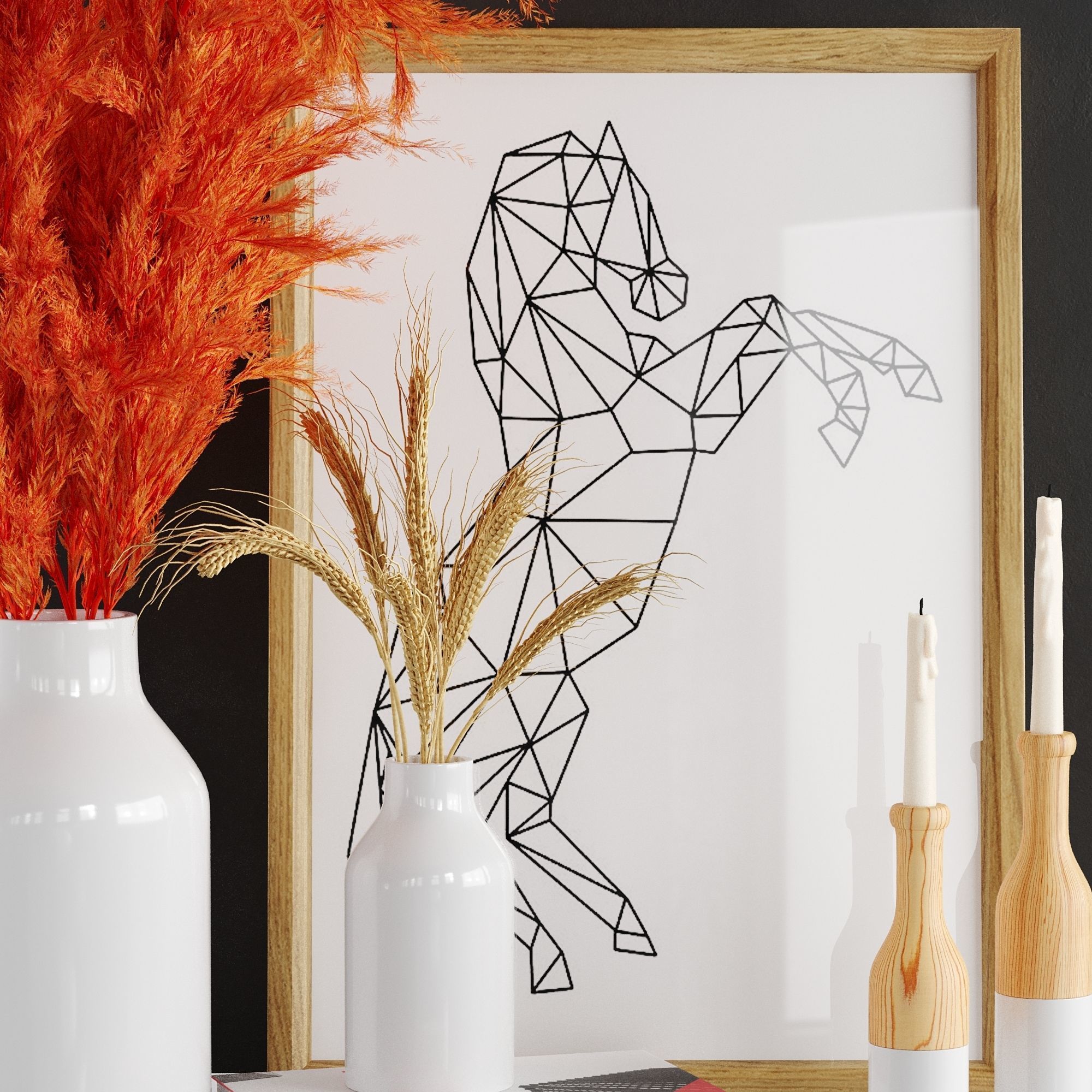 Decor 4 vases with orange flowers and framed drawing 3D model_2