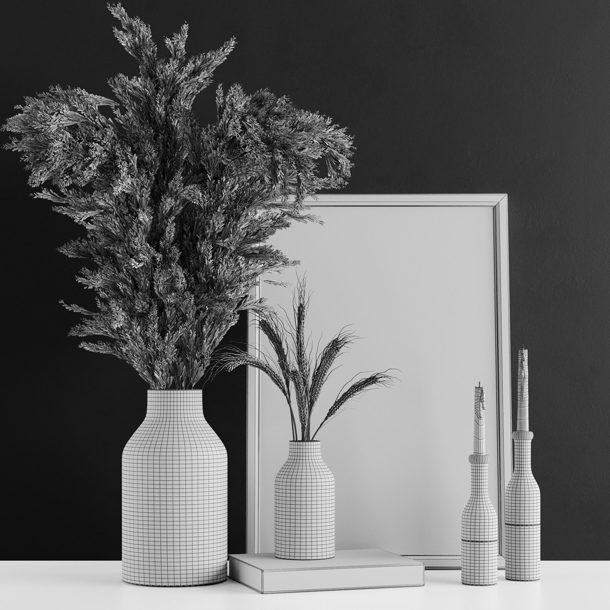 Decor 4 vases with orange flowers and framed drawing 3D model_3