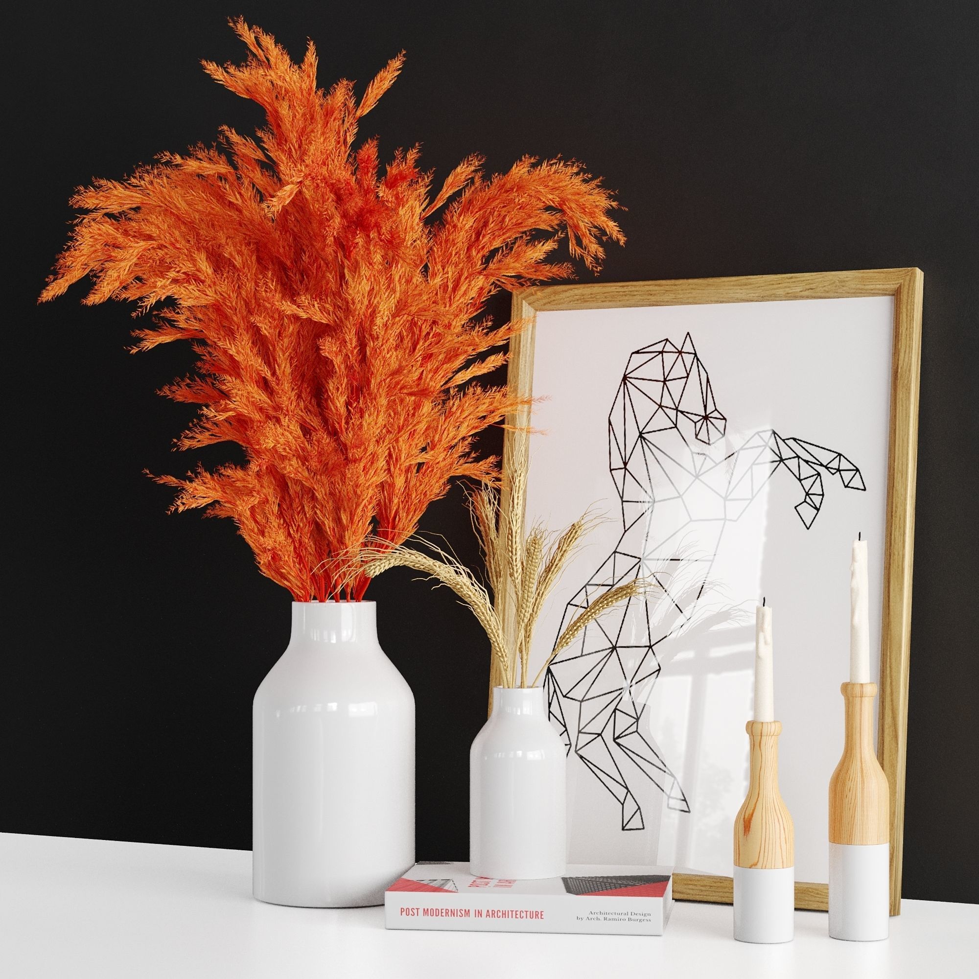 Decor 4 vases with orange flowers and framed drawing 3D model_1