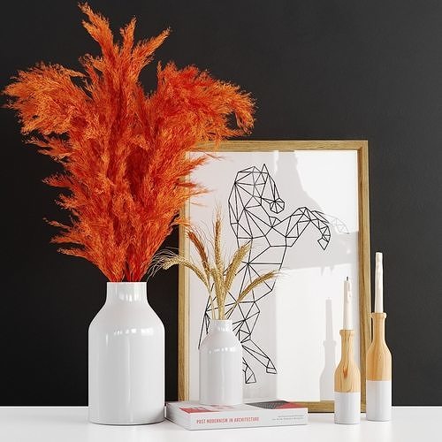 Decor 4 vases with orange flowers and framed drawing 3D model