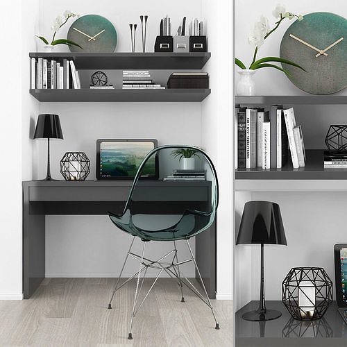 Workplace home office with shelves and bookshelves Low-poly 3D model