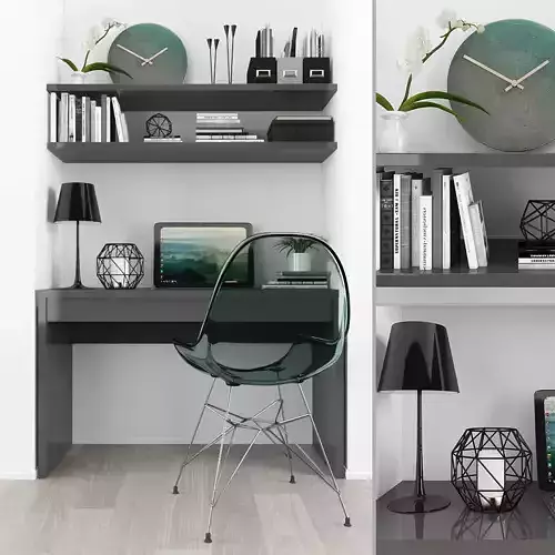 Workplace home office with shelves and bookshelves Low-poly 3D model