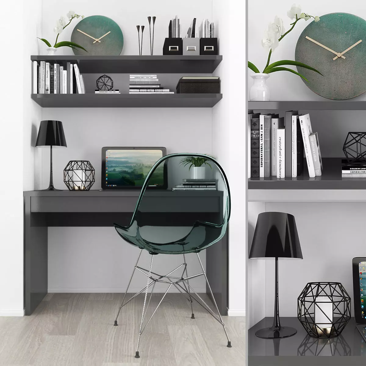 Workplace home office with shelves and bookshelves Low-poly 3D model_0