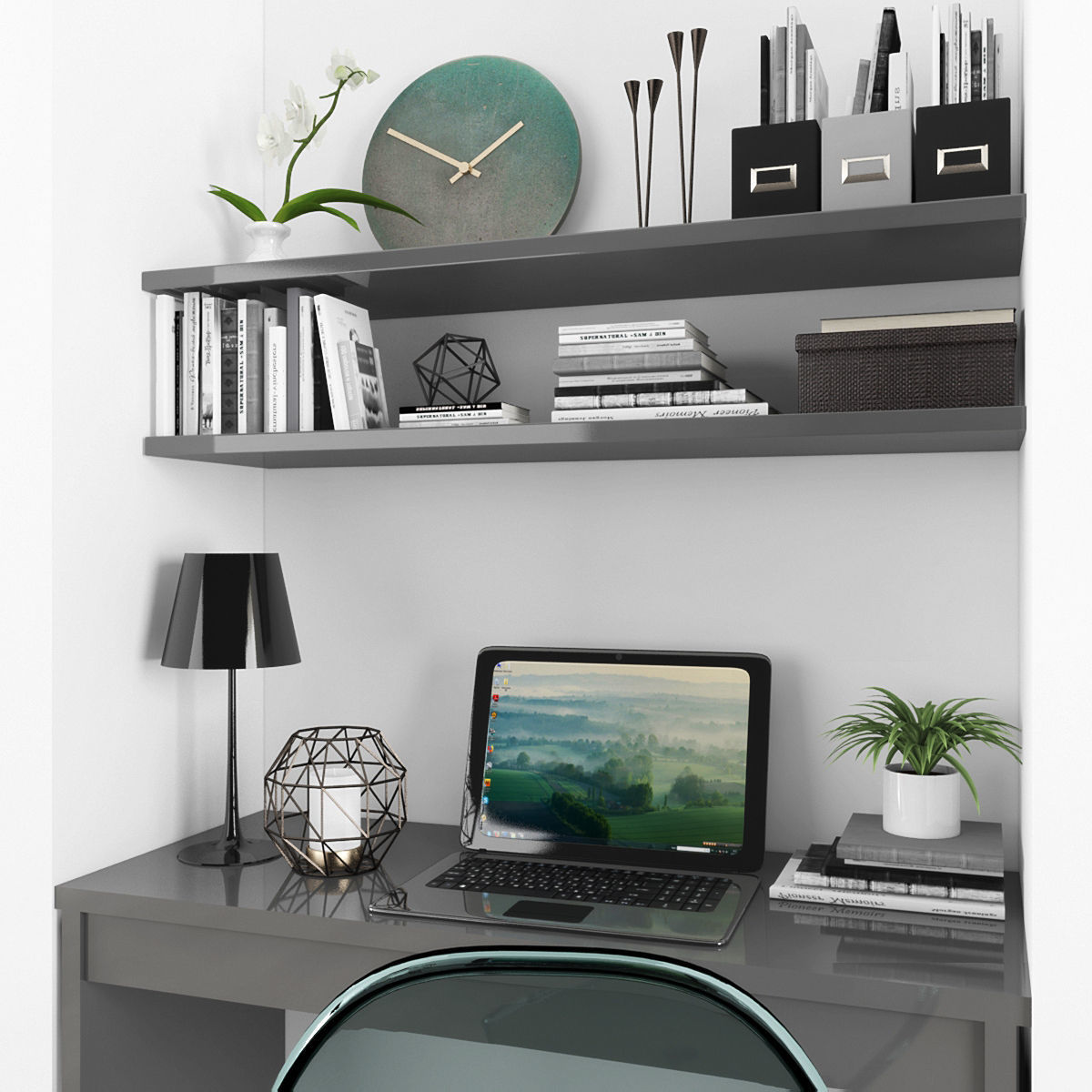 Workplace home office with shelves and bookshelves Low-poly 3D model_1