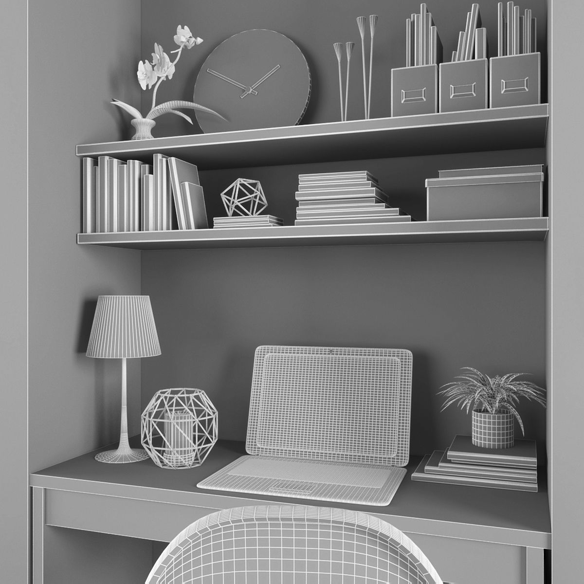 Workplace home office with shelves and bookshelves Low-poly 3D model_2