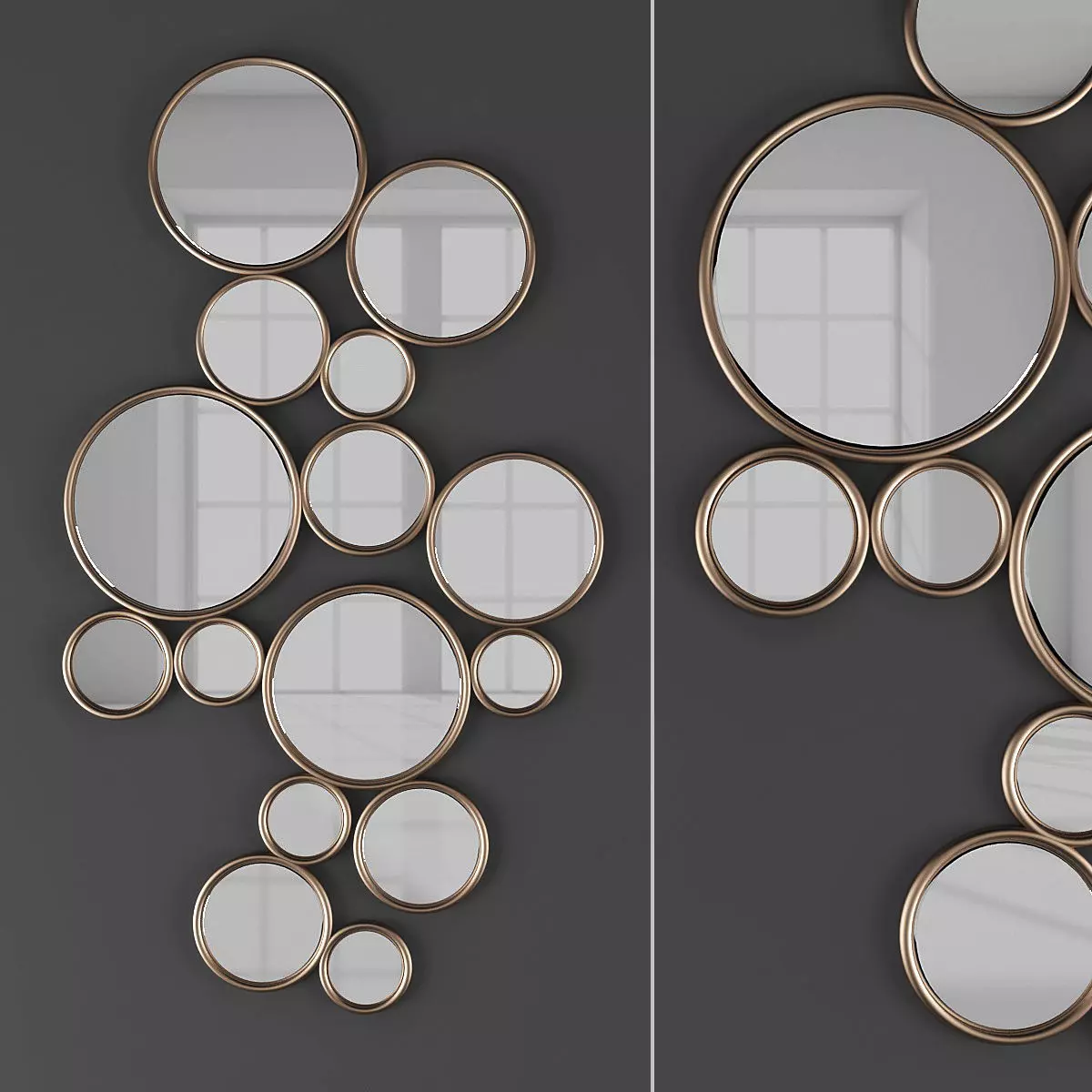 Mirror set of circular mirrors on wall Low-poly 3D model_0