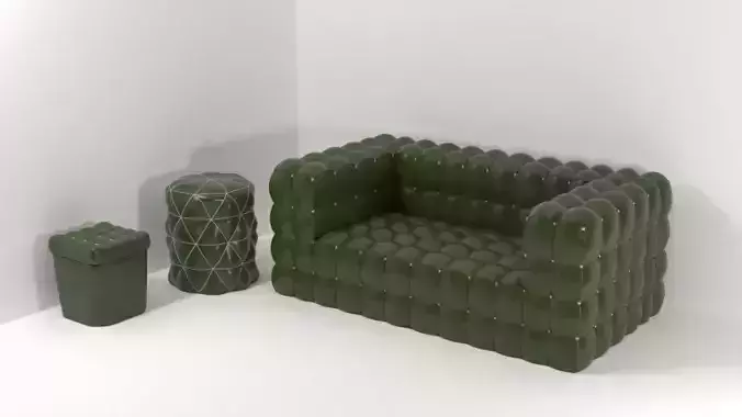 Sofa and two ottomans in green colour
