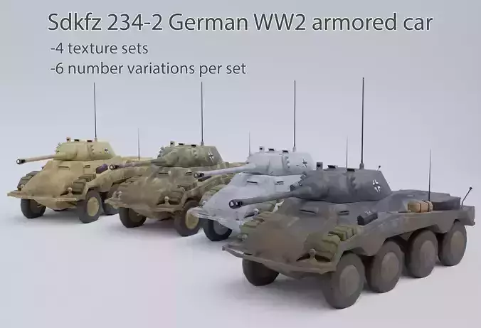 Sdkfz 234-2 Puma German WW2 armored car Low Poly PBR model Low-poly 3D model