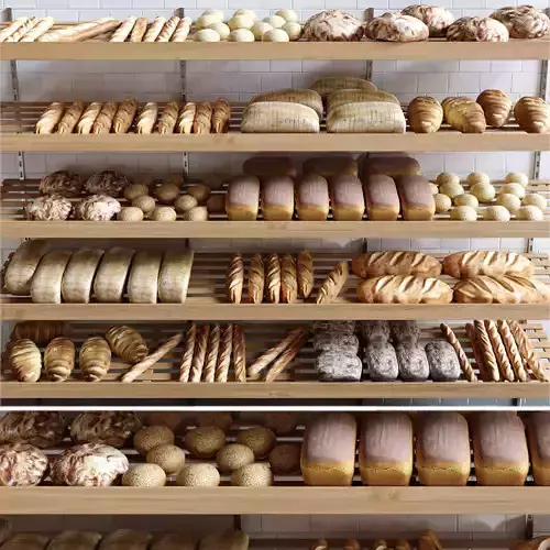 Bakery breads and pastries on shelves in 3D model