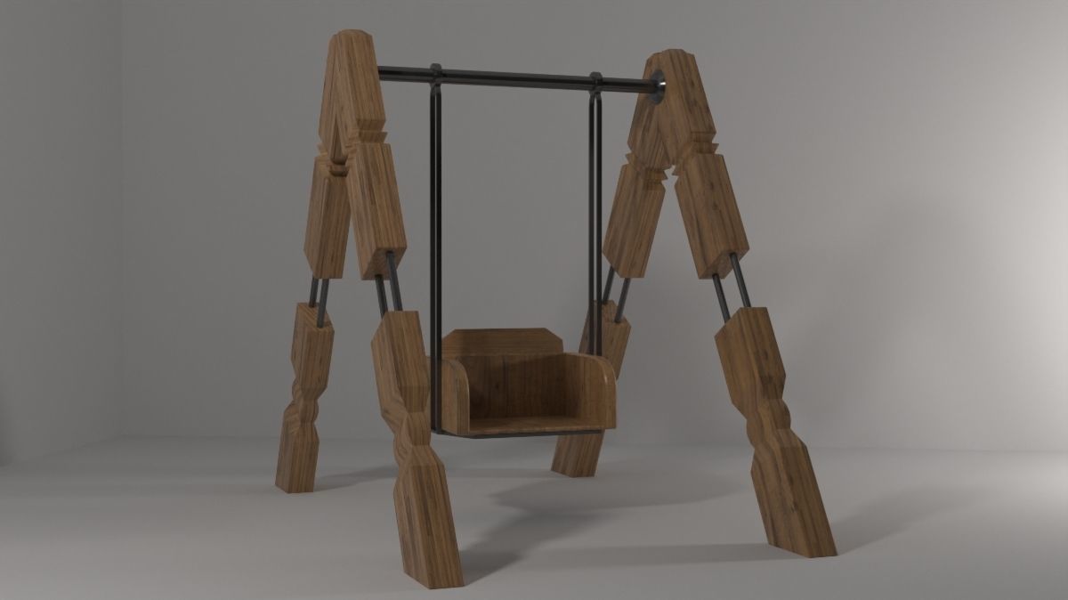 Wooden swing Low-poly 3D model_2