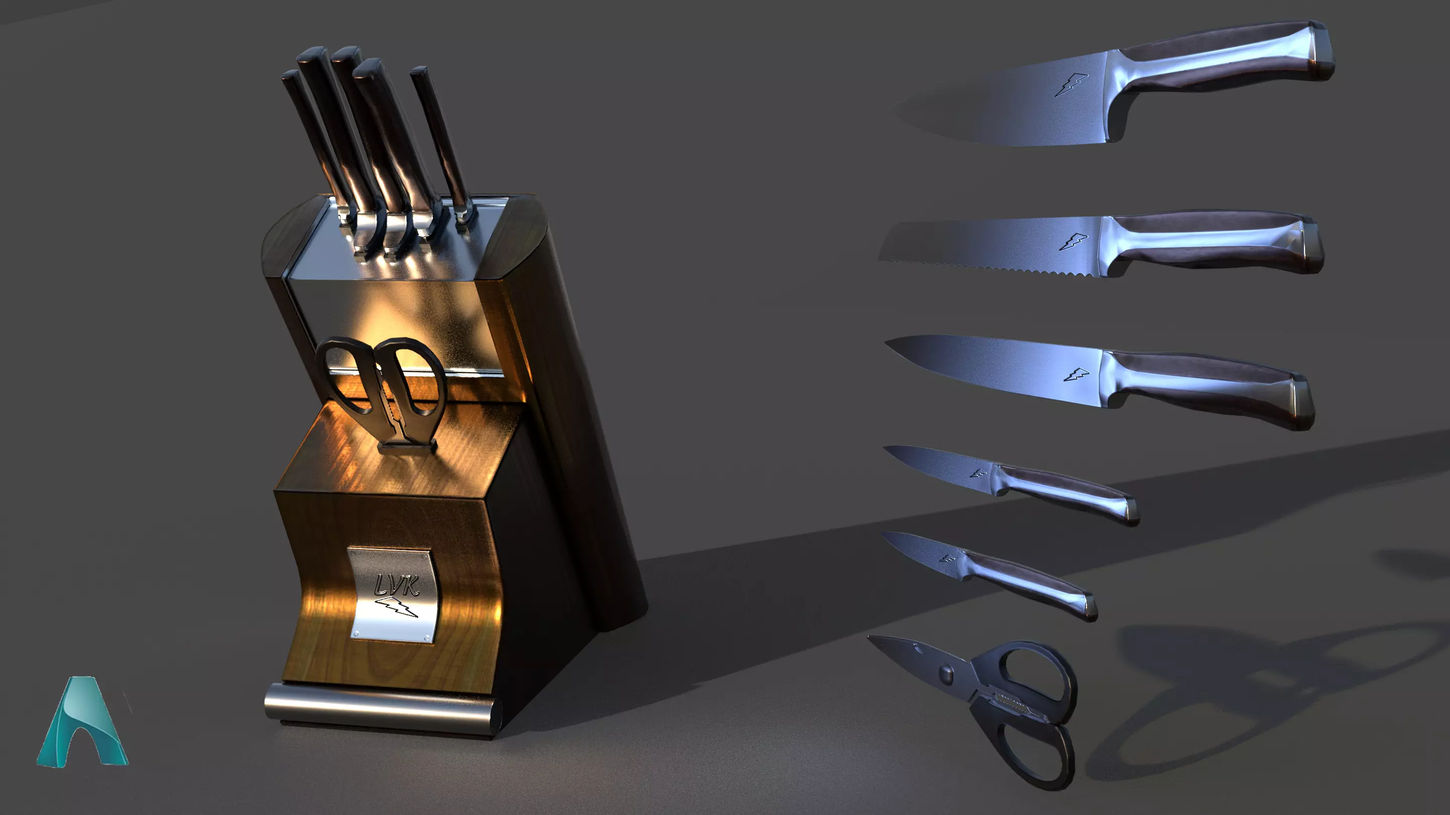 Kitchen knife set Free low-poly 3D model_0