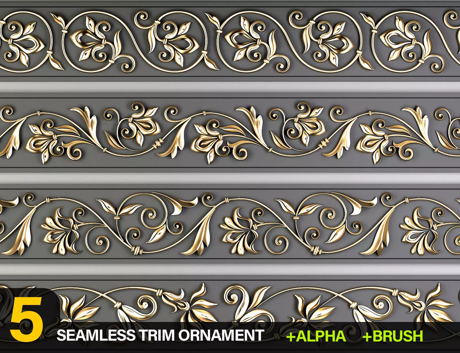5 Decorative Seamless Trim Ornament Alpha and Brush 3D model_0