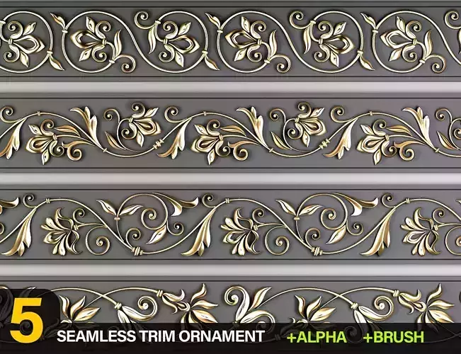 5 Decorative Seamless Trim Ornament Alpha and Brush 3D model