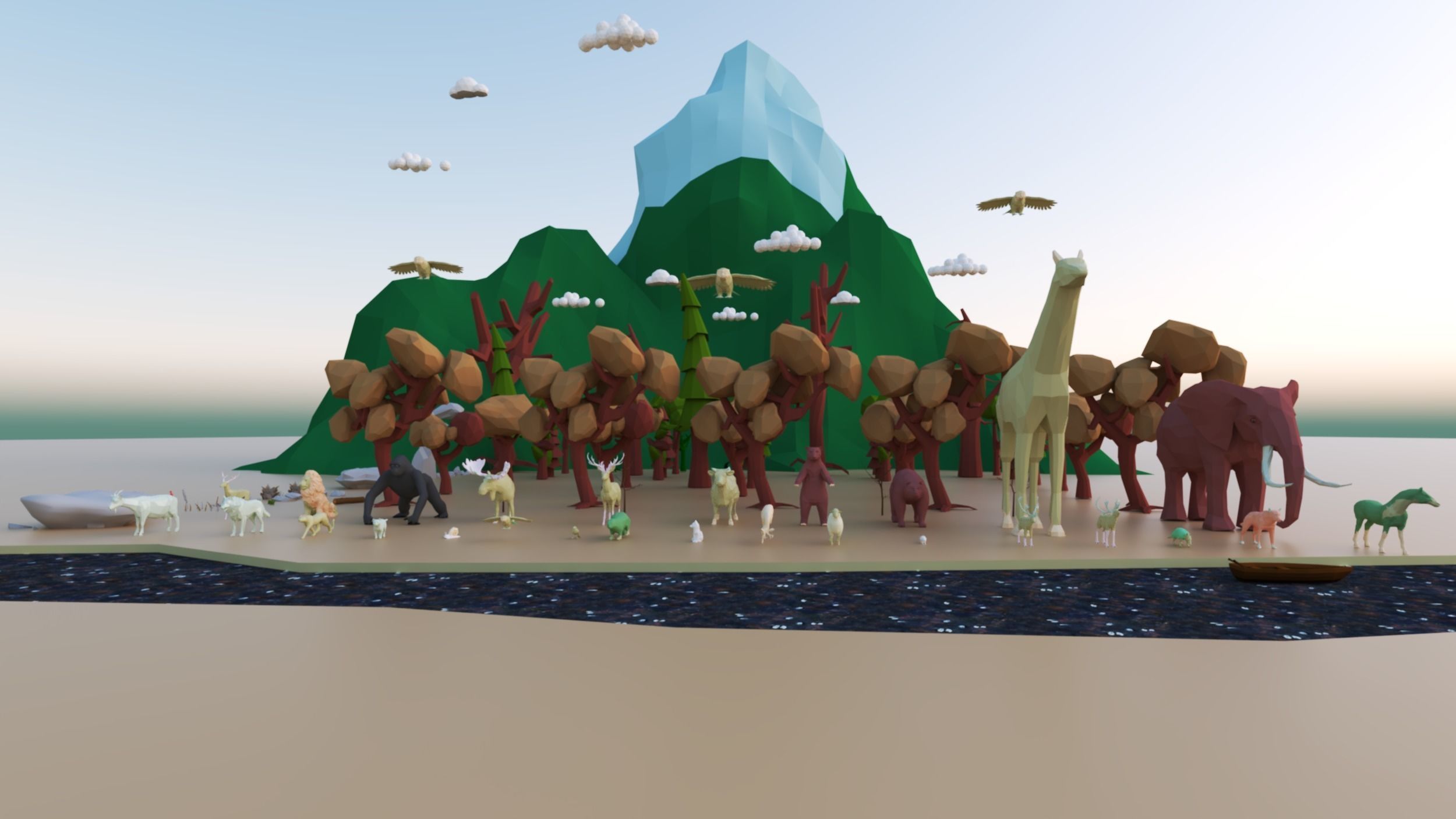 Animals-Trees -Grass -Rocks- Mountains And Hills Forest Pack Low-poly 3D model_1