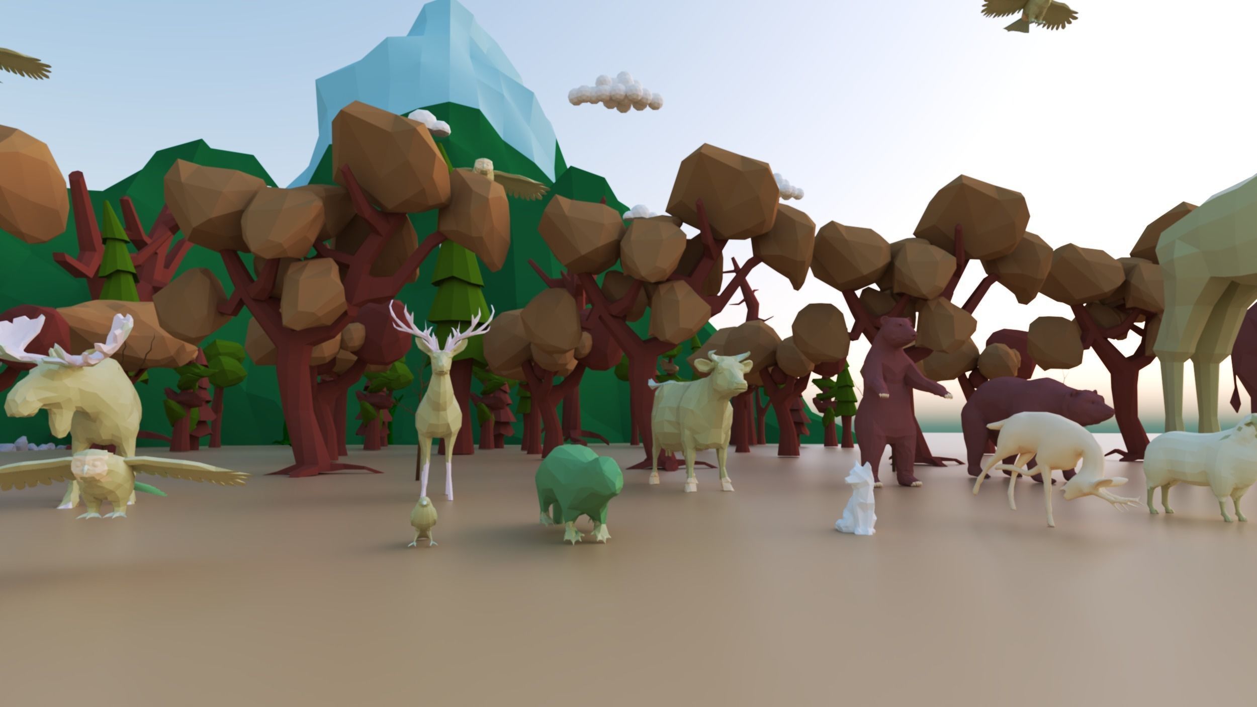 Animals-Trees -Grass -Rocks- Mountains And Hills Forest Pack Low-poly 3D model_14