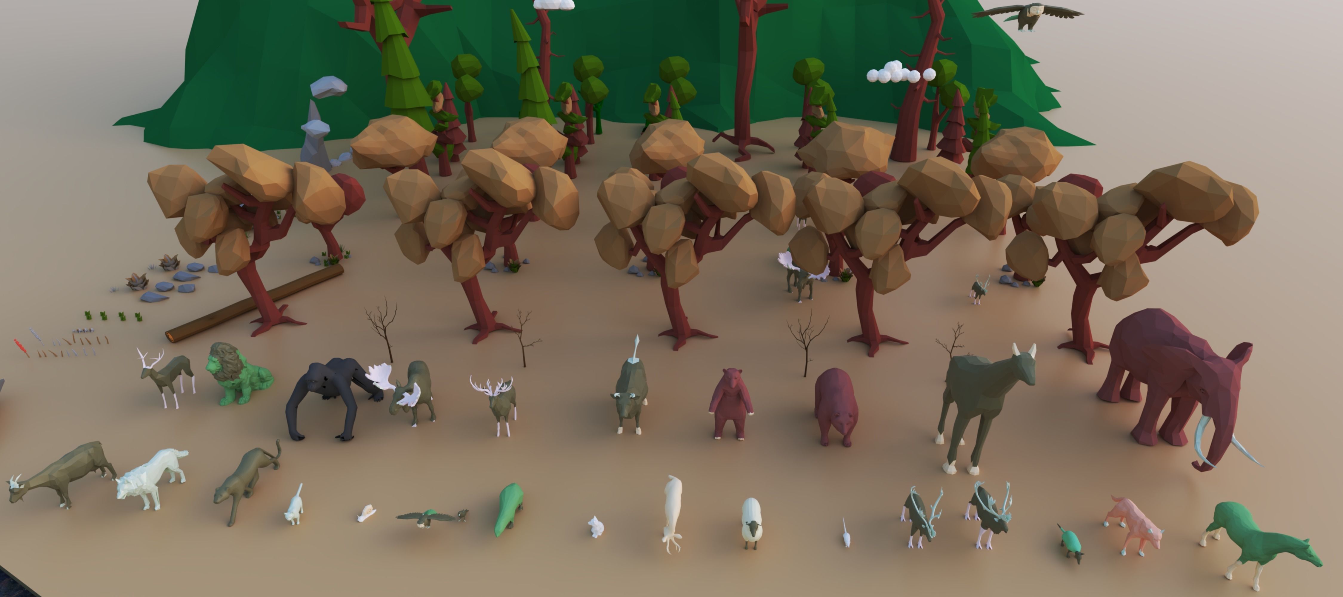Animals-Trees -Grass -Rocks- Mountains And Hills Forest Pack Low-poly 3D model_2