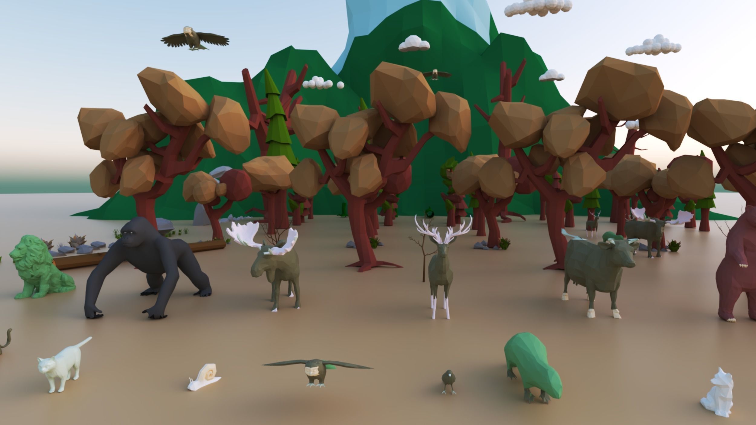 Animals-Trees -Grass -Rocks- Mountains And Hills Forest Pack Low-poly 3D model_3