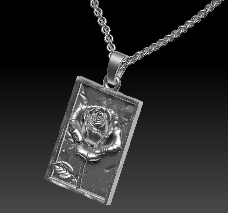 Rose Pendant Necklace Rectangular Medallion Baroque Style 3D print model