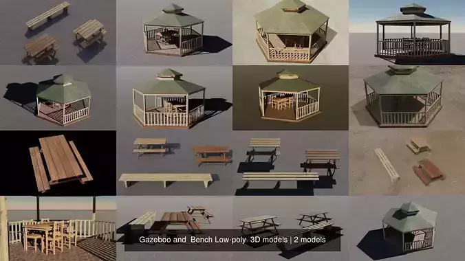 Gazeboo and  Bench Low-poly  3D models 3D Model Collection