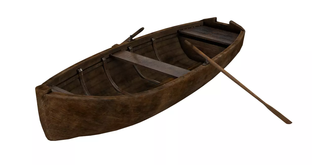 Old wooden rowing boat Low-poly 3D model_0