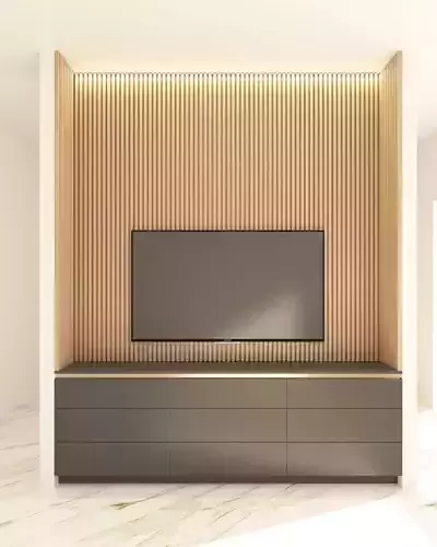 Bedroom tv unit with drawers and wood battens