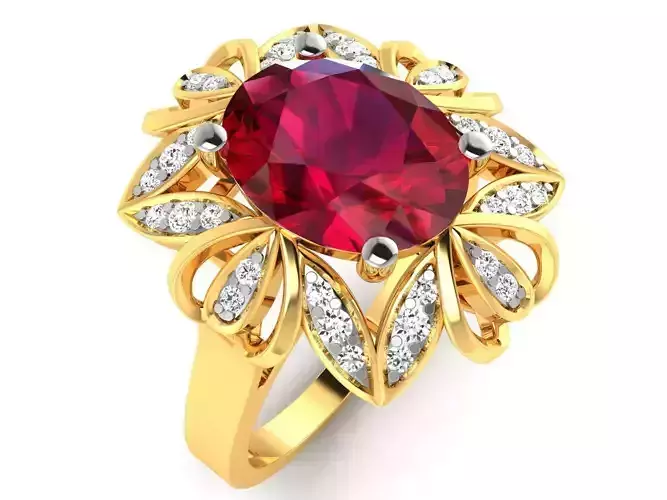 ring-9485 gold ring with ruby stone and diamonds