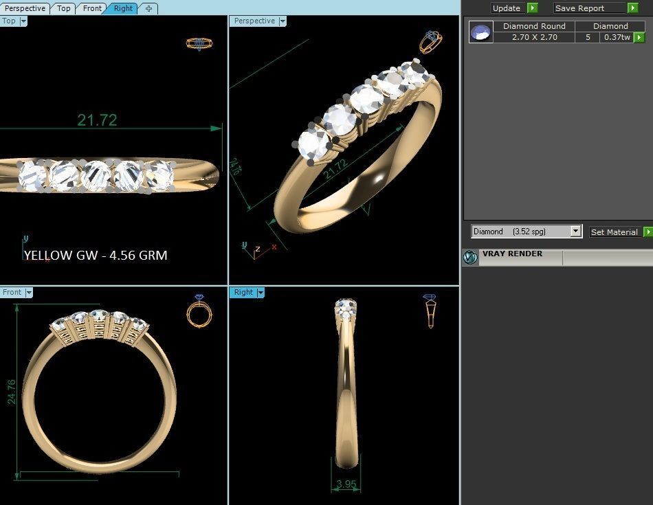 ring-829 gold five stone diamond ring 3D print model_1