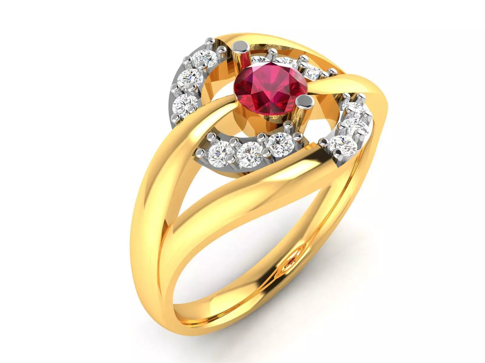 ring-333 gold ring with ruby stone and diamonds 3D print model_0