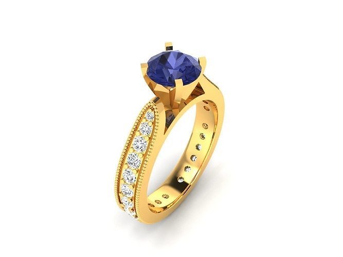 ring-1561 sapphire and diamond engagement ring gold 3D print model
