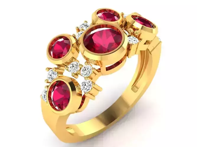 ring-1367 gold ring with garnet stones and diamonds 3D print model