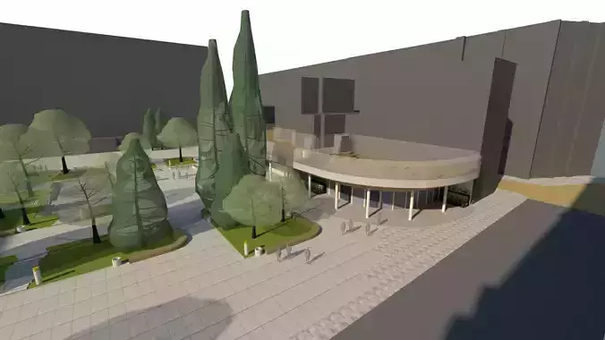 Public city square with alleys and shops with bike ramp-roof