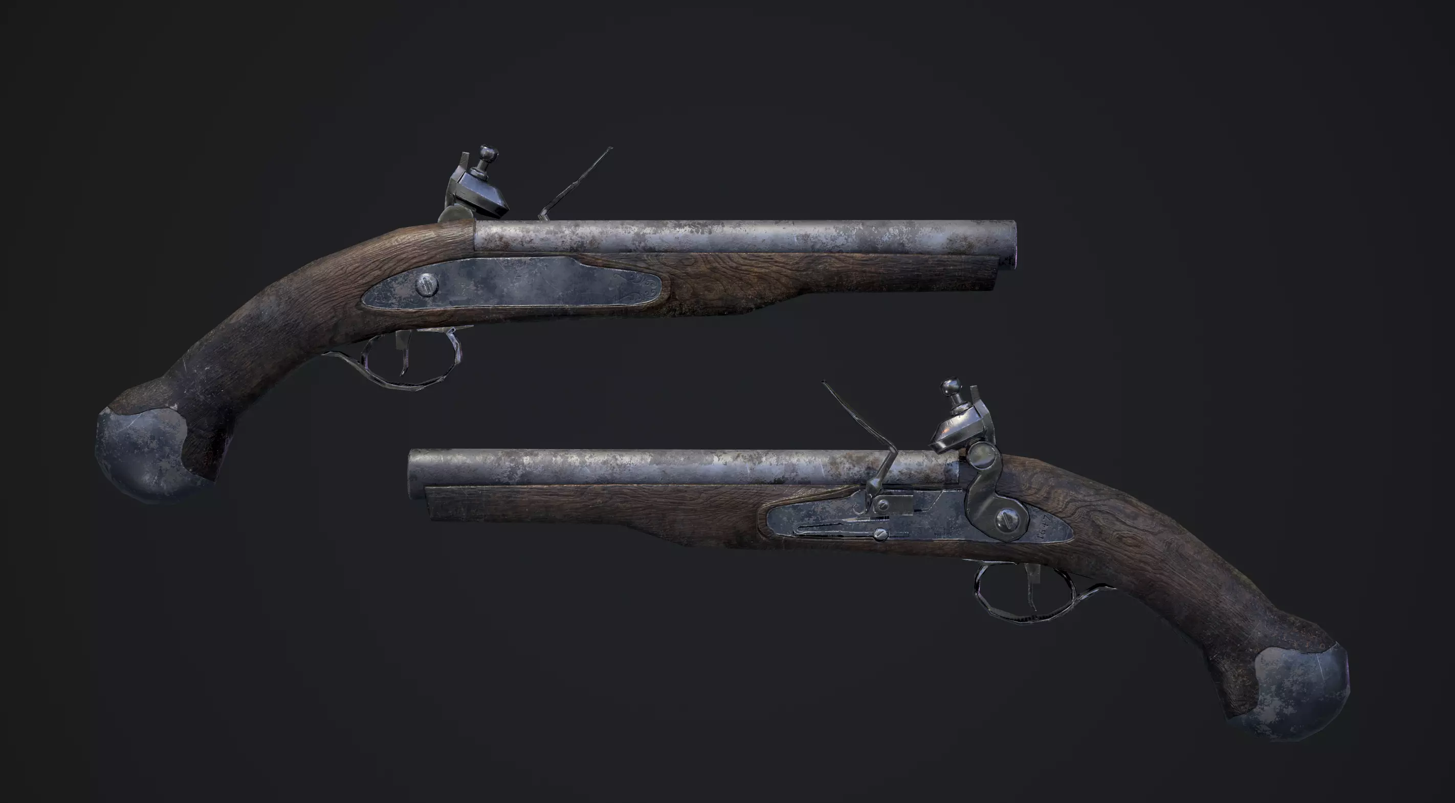 Game Ready Flintlock two antique pistols 3D model_0